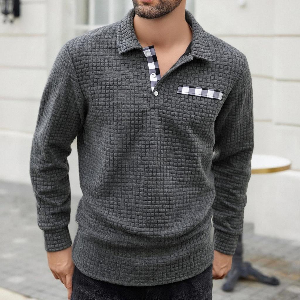 Men's Lapel Single Breasted Small Plaid Top Casual Sports Long Sleeved Top