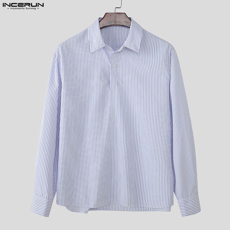 INCERUN Men Lapel Neck Long Sleeve Striped Button Up Casual Shirts Tops