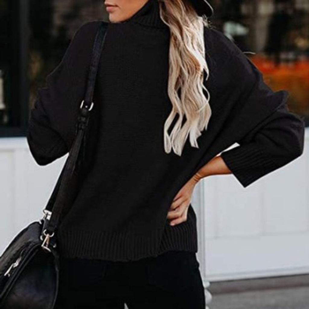 Women's  And Winter Loose Solid Color Stitching Long Sleeved Turtleneck  Knit Sweater Top