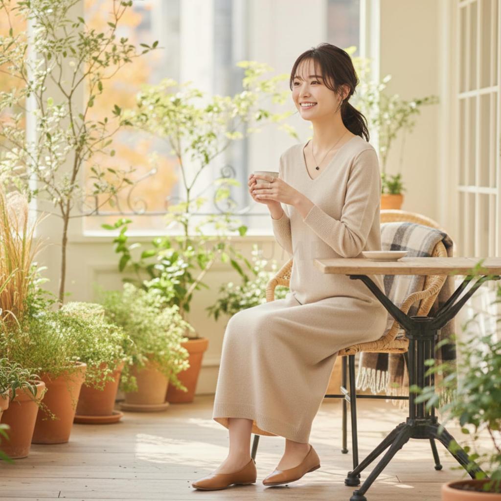 One Ambu Knit Beautiful Long Office Beige Women's Dress, V-Neck, Sleeves, Casual, I-Line, Loungewear, White,