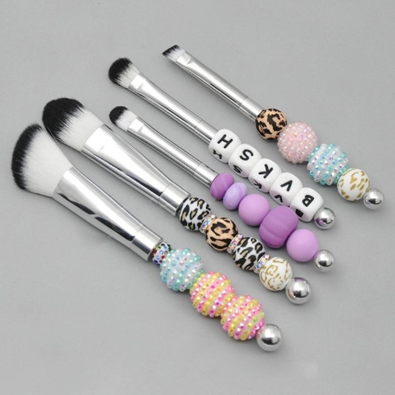 5 Pcs DIY Beaded Makeup Brush Metal Handle Makeup Brush Foundations Eyeshadow Eye Brush Makeup Colouring Accessories