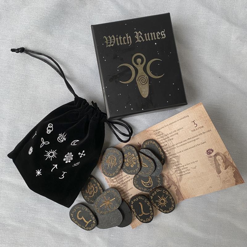 14Pcs Engraved Rune Symbol For Meditation Divination Rune Stones Set With Storage Bag Wood Runes Stone Set Witches Rune Set