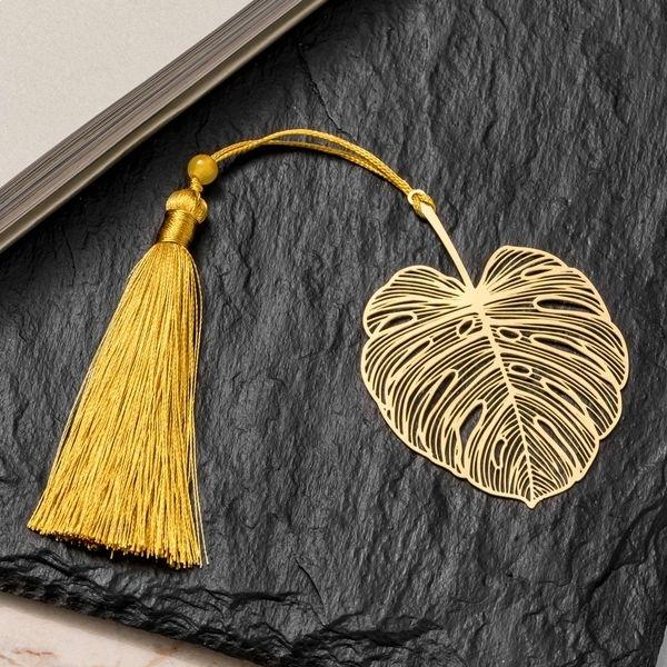 Monstera Leaf Bookmark with Silk Pompom and Gift Box