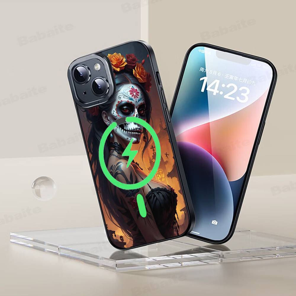 Catrina Beautiful Rose Girl Skull Phone Case Magnetic Case For iPhone 17 16 15 14 13 12 11 For Magsafe Wireless Charge Cover