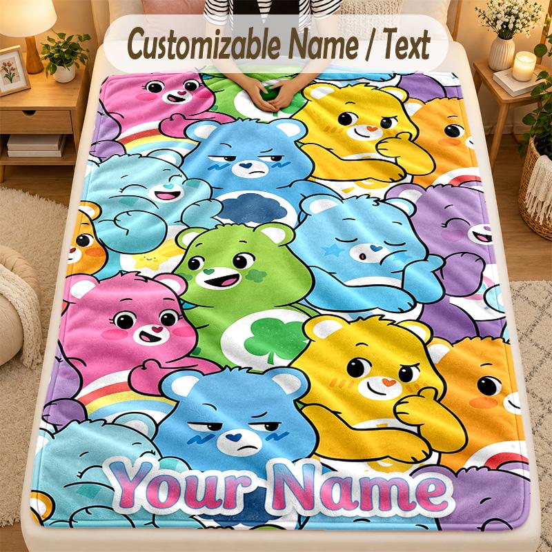 Flannel BlanketCare Bears Custom Name Text Personalized Soft Warm Throw Blanket Home Decor Gift