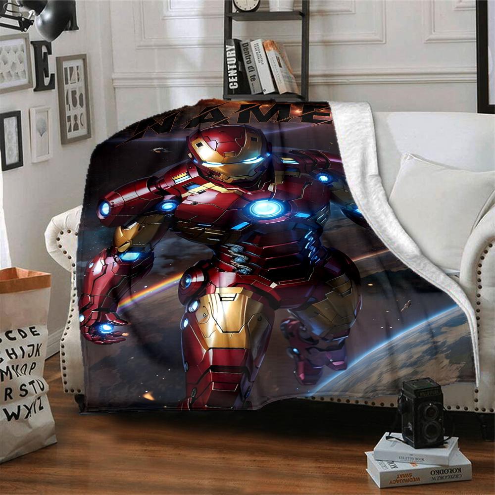 Iron Man In Action With Glowing Repulsors And A Futuristic Background Throw Customizable Blanket Customize Text Warmthful Decor For Sofa Couch Office