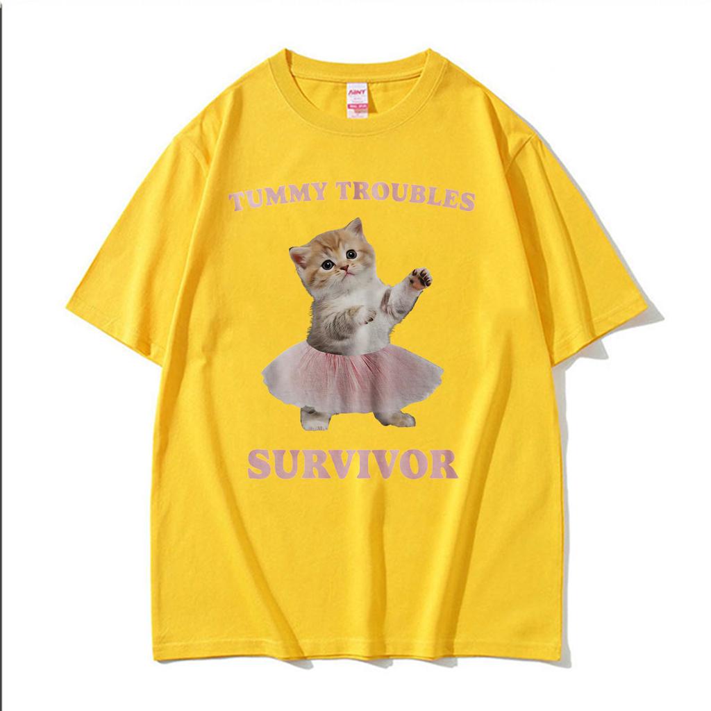 Tummy Troubles Survivor Funny Cat Meme Graphic T Shirt Unisex Unisex Fashion Humor Kawaii Tshirts Cotton Loose High Quality Tshirt