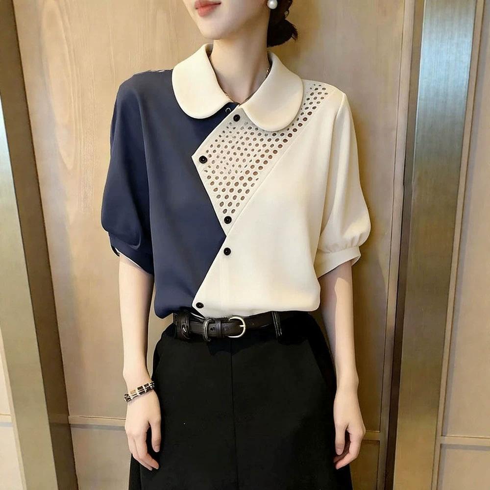 High-end Contrasting Color Splicing Short-sleeved Shirt Women's Summer New Fashion Foreign Style Thin Top Trendy A