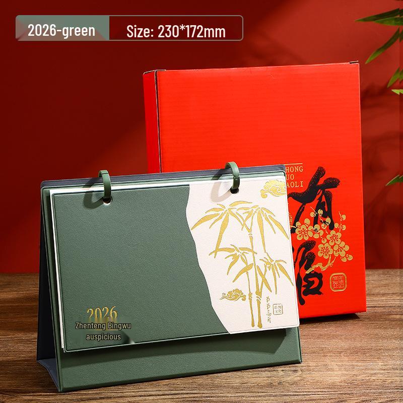 2026 Year of the Horse Leather Desk Calendar with Pen Holder, Custom Logo, Monthly Overview, Multifunctional Office Ornament.