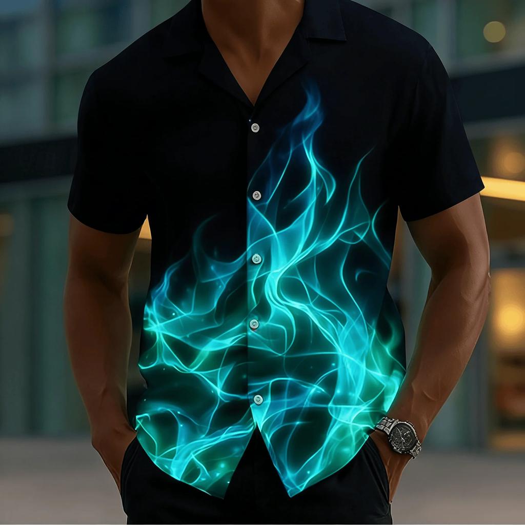 Camisa genial de manga corta con estampado de llama brillante, ropa informal de moda para un estilo moderno.