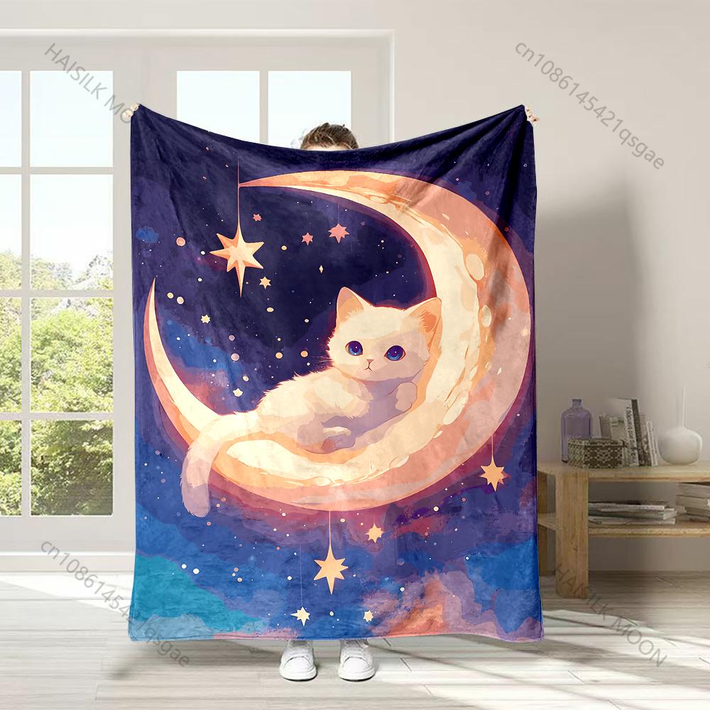

1PC Cat on Crescent Moon Print Adult Children Warm Blankets Home Travel Car Soft and Comfortable Suitable for all seasons 75x100cm