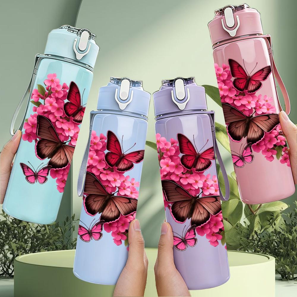 1PC Butterfly Resting On Pink Flower Print 750ml Color Plastic Sports Water Bottle Leakproof Flip Straw Lid Suitable for Sports Office Home Use