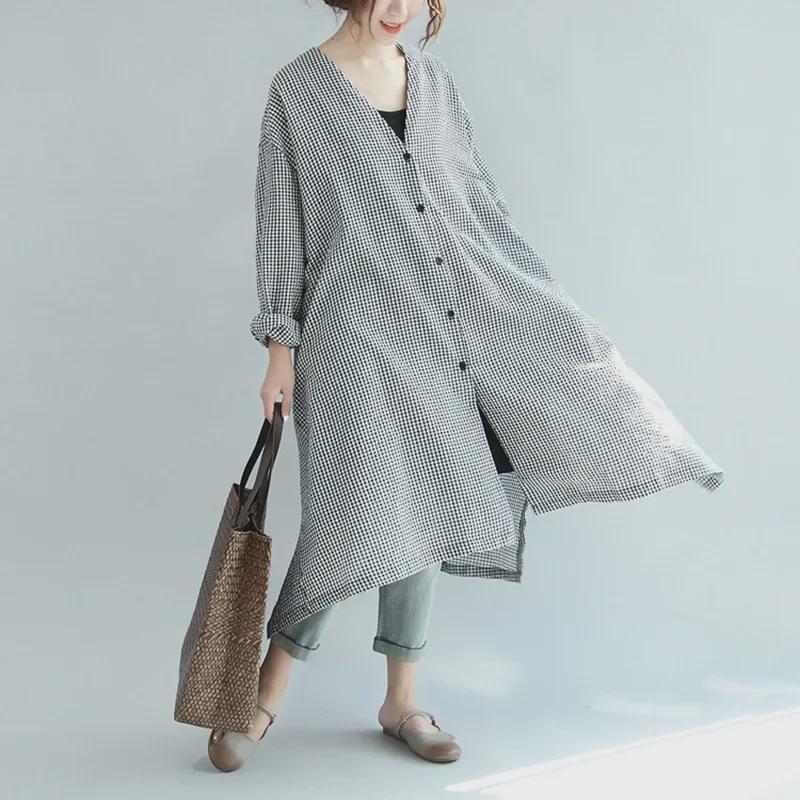 Korean V-Neck Plaid Dress for Plus Size - Loose Fit, Mid-Length with Open Button Design