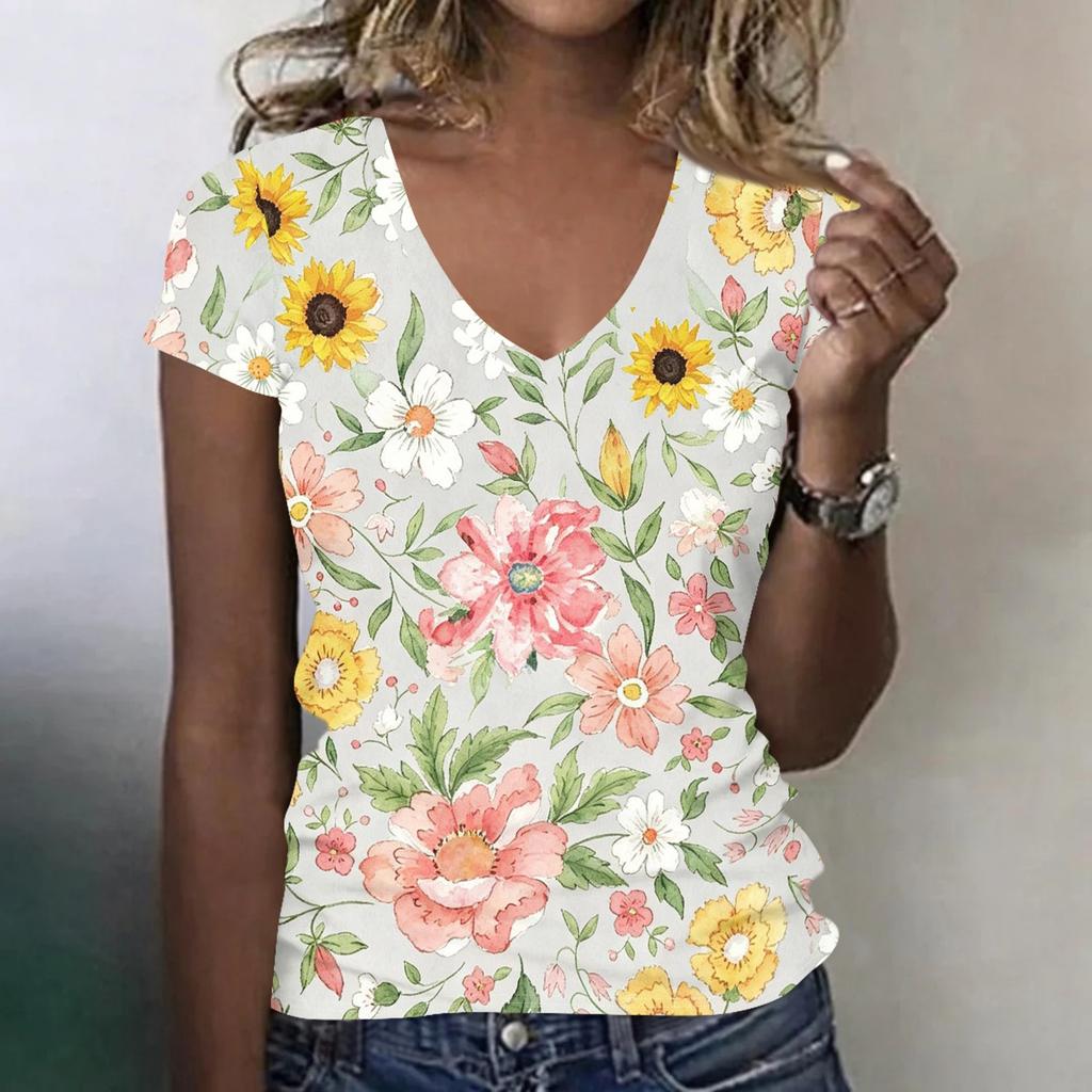 Women V Neck Short Sleeve Floral Print T Shirt Casual Lightweight Top Summer Blouse Soft Fabric Comfortable Fit