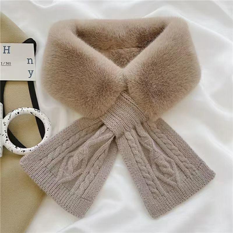 Knitted Scarf Women's Autumn and Winter Knitted Versatile Plush Imitation Rex Rabbit Fur Cross Scarf Solid Color Thickened Neck Guard Fur Collar
