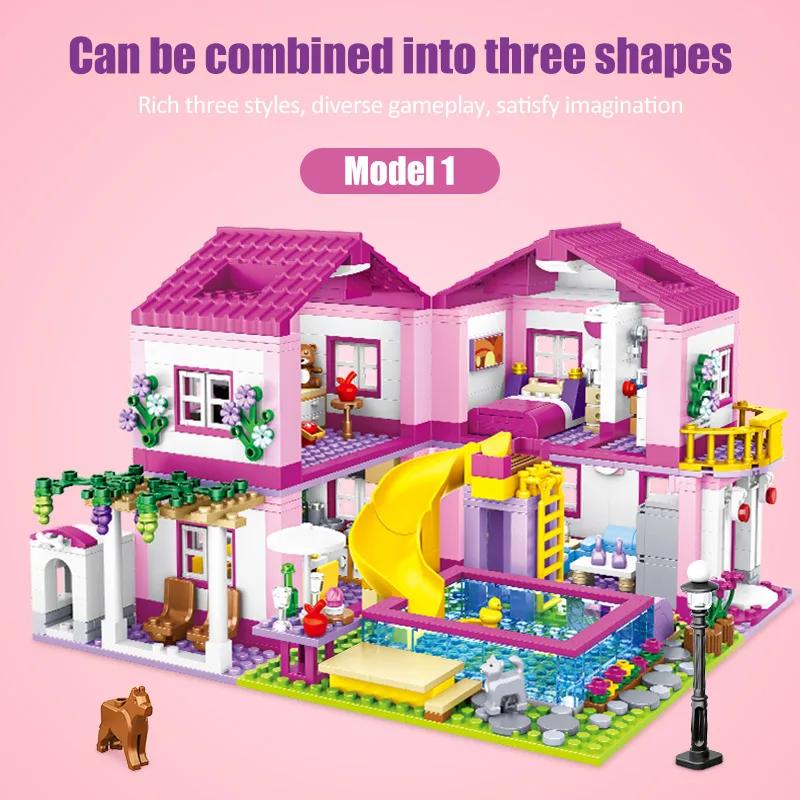 1018 Pcs City 1 Change 3 Summer Double-storey Villa House Slide Building Blocks Friends DIY Garden Flower Figures Bricks Toys