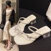 2025 Silver Crystal Sandals Women Rhinestone Butterfly Thick Heel Sandles Woman Summer Med Heeled Party Shoes Female