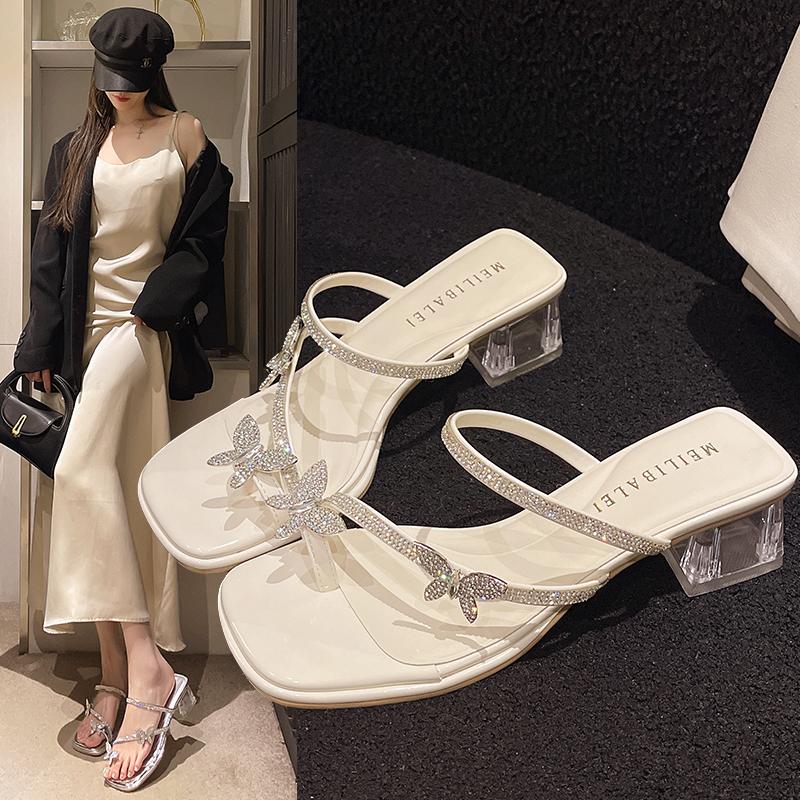 Fashion 2025 Fashion Silver Crystal Sandals Women Rhinestone Butterfly Thick Heel Sandles Woman Summer Med Heeled Party Shoes Female