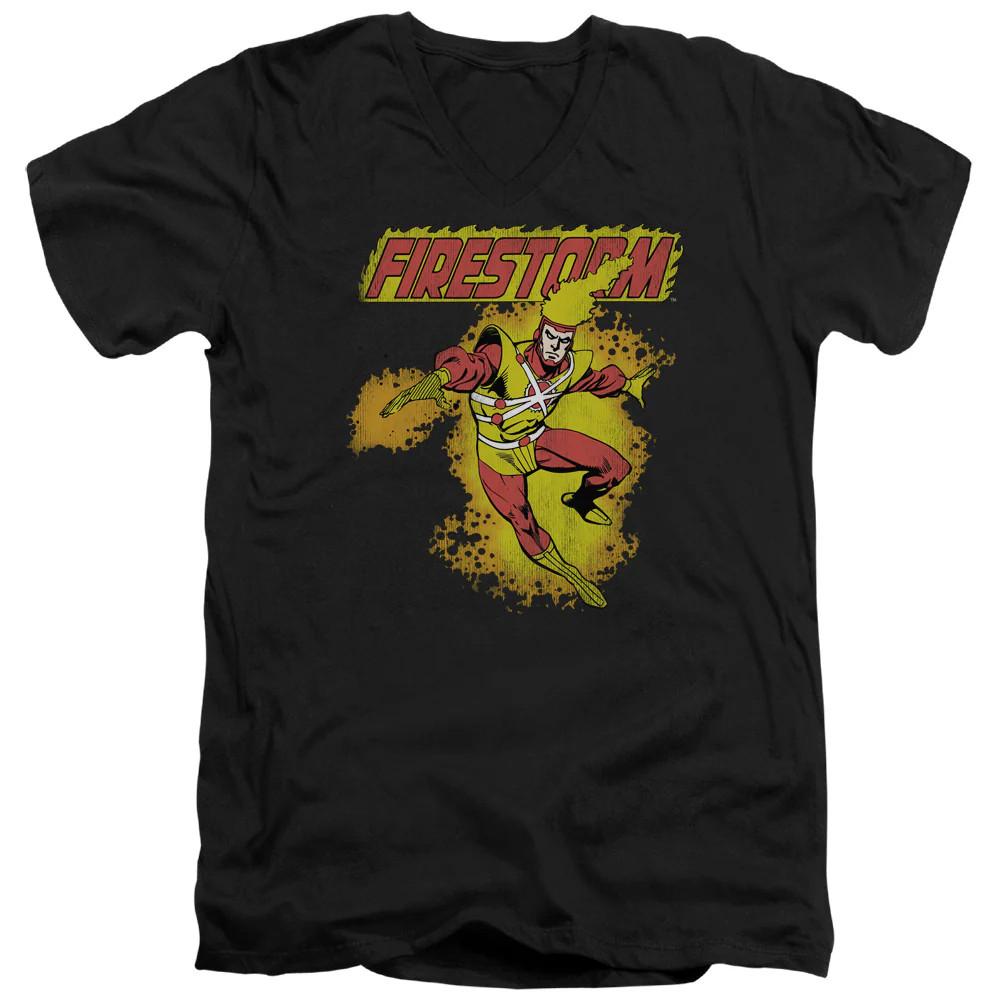 

DC Comics Firestorm Mens Slim Fit V Neck T Shirt Black Officially Licensed 4XL