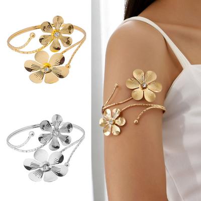 Bracelet ouvert pour femmes, décor floral, strass réglable, métal poli, couleur unie, manchette exagérée, fête, bal, Club, bras, bijoux