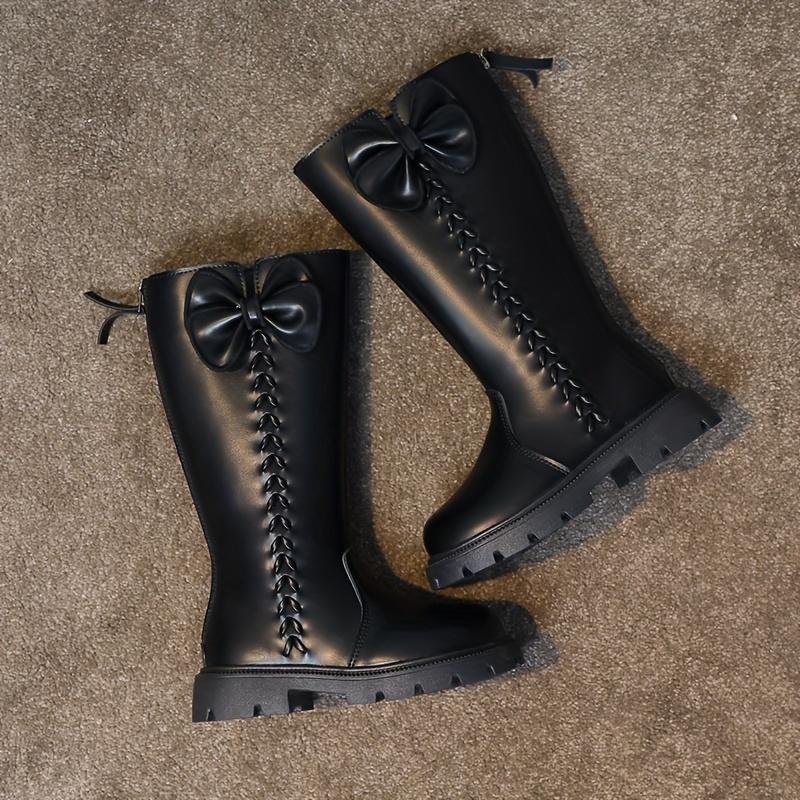 Girls High Top Winter Boots Bow Detail Slip Resistant Rubber Sole Zipper Closure Warm Fabric Lining