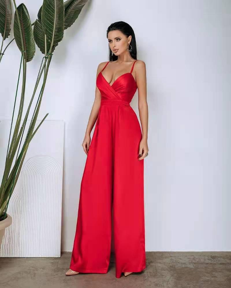 European & American Spaghetti Strap Waist-Cinching Straight Leg Floor-Length Minimalist Jumpsuit for Spring/Summer – Style GY2105