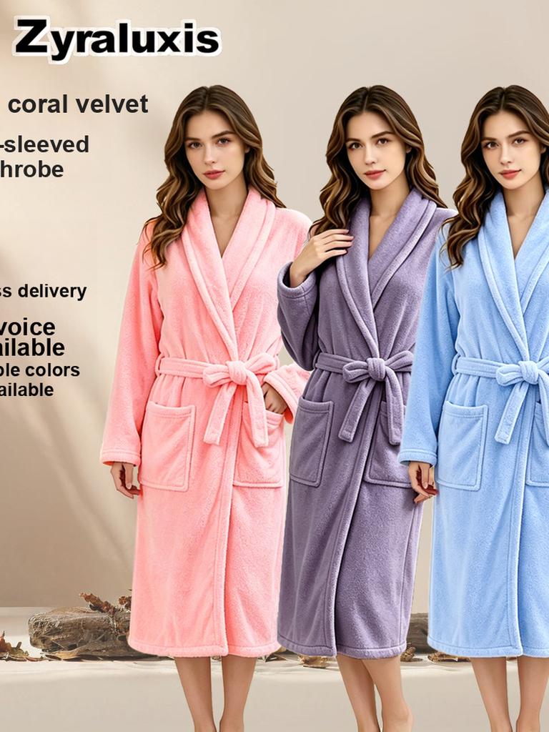 Women's Ultra-Soft Coral Fleece Bathrobe with Warm Sherpa Lining for Winter Daily Wear