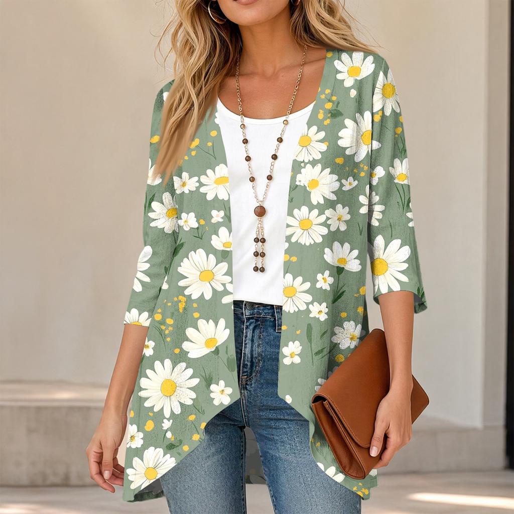 Damen Vintage Cardigan mit Blumendruck, Dreiviertelärm, Lässiger lockerer Schnitt, Leicht für Frühling Sommer
