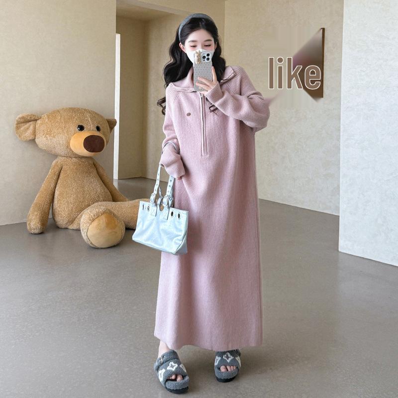 

Korean Style Maternity Knit Dress - Spring 2026, Plus Size, Trendy Loose-Fit Mid-Length for Moms XL