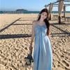 Blue Vacation Suspender Dress Women's Seaside Photo Backless Neck Simple Design French Temperament Long Dress Summer