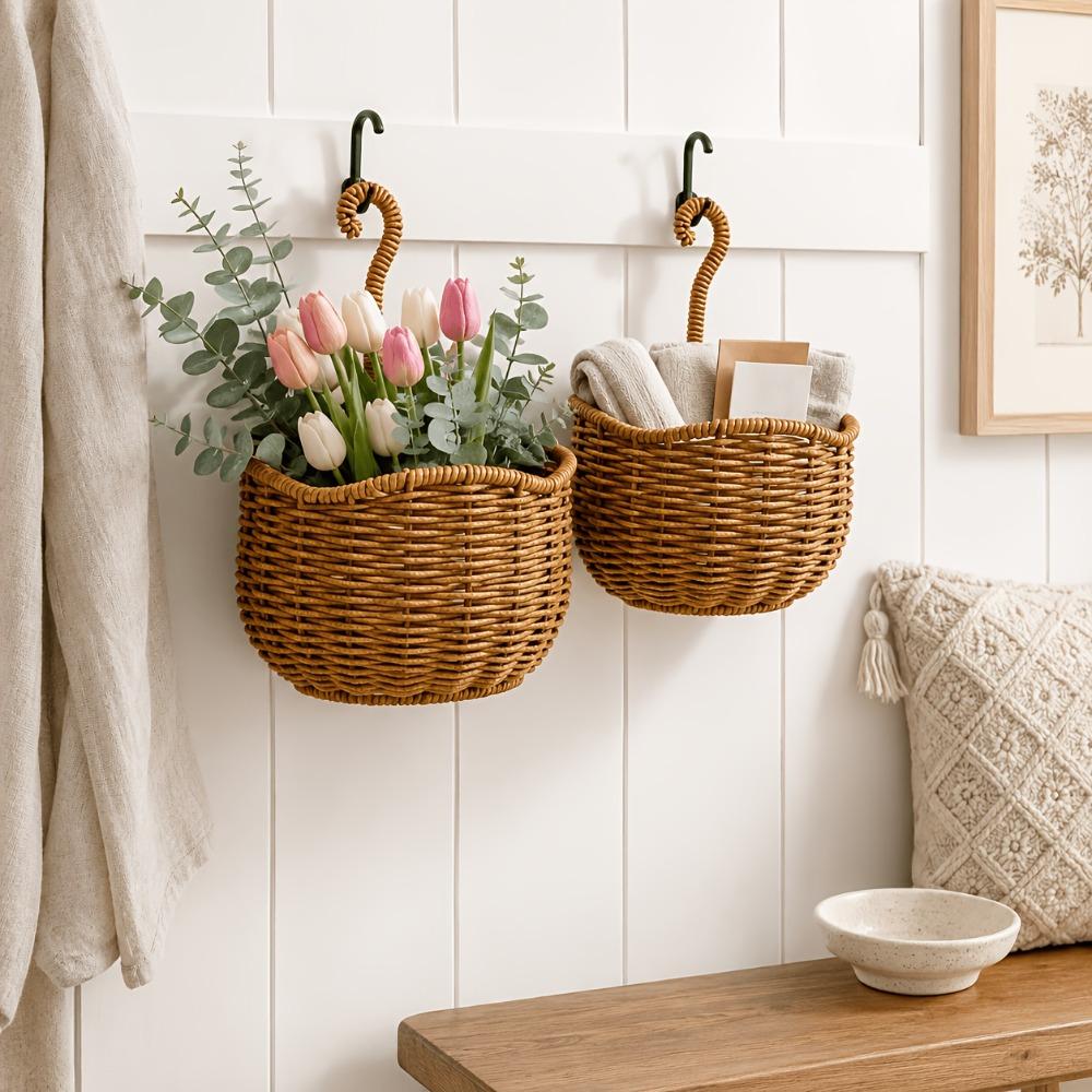 Woven Design Woven Storage Basket Plastic Fruit Vegetable Holder Wall Hanging Basket  for Kitchen