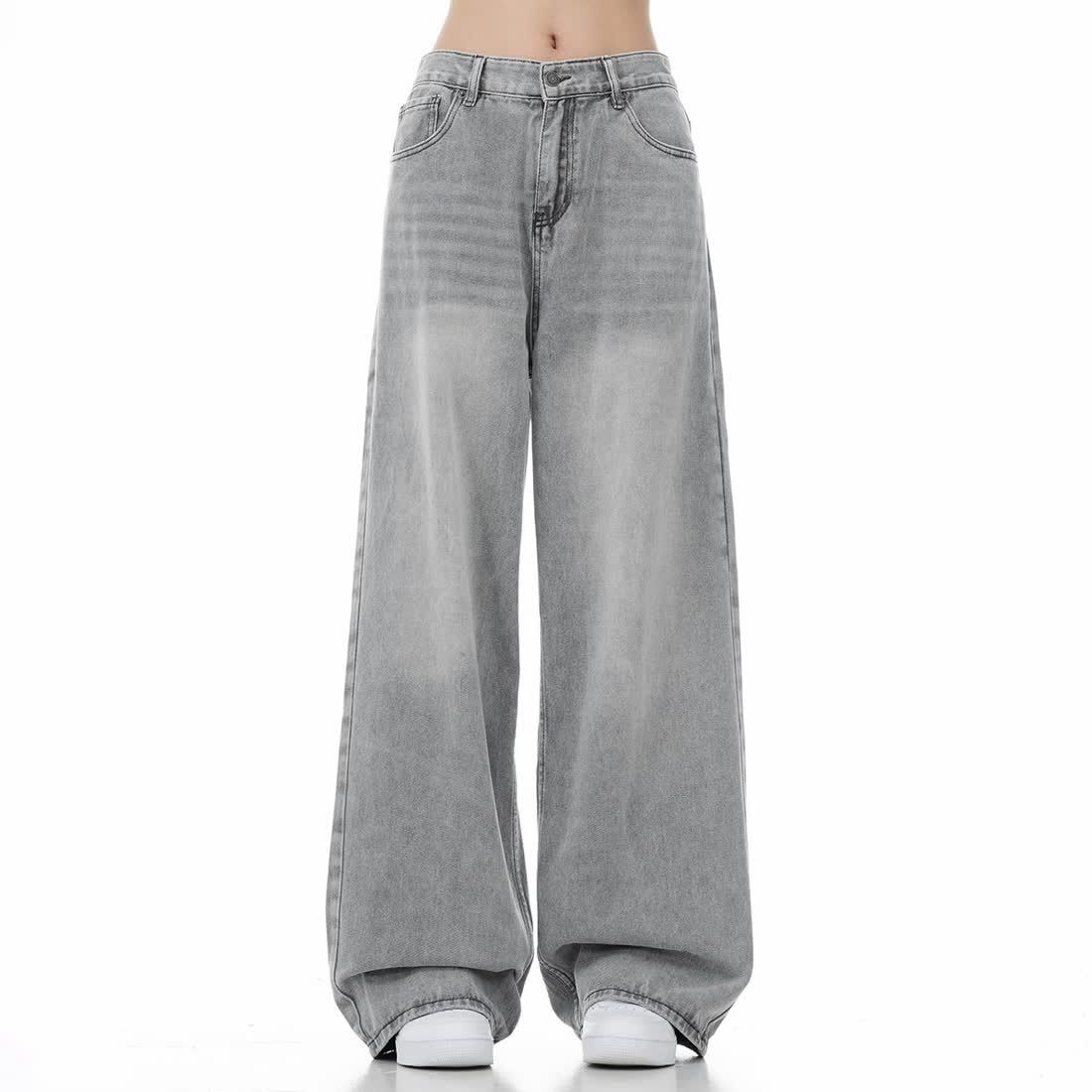 

Women s Light Gray Washed Wide Leg Jeans High Waist Loose Fit Baggy Denim Trousers For Daily Streetwear S срібний