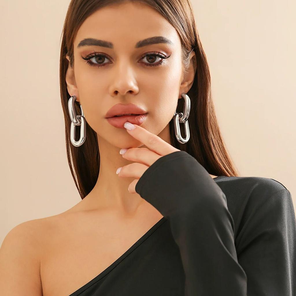 Vintage Geometric U-Shape Link Hoop Earrings for Women Trendy Punk Metal Round Circle Piercing Earrings Jewelry Accessories Gift