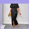 Pure Satin V Neck Short Sleeve Long Dress For Summer With Slit For Casual And Formal Wear