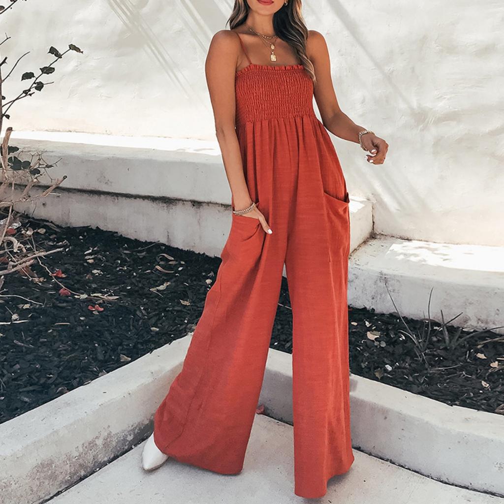 Spring New Women's Jumpsuit, Solid Ruched Bandeau Strapless Casual Commute Jumpsuit for Women, European American Style Outfit