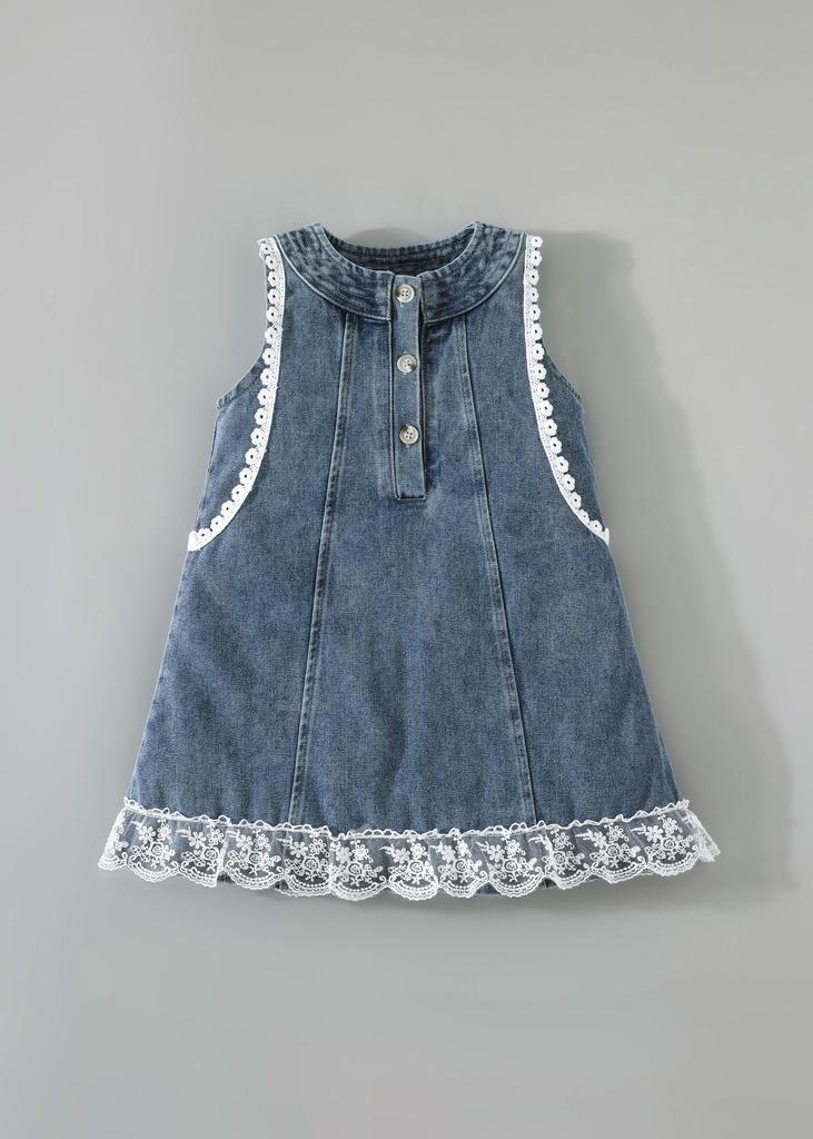 Girls Sleeveless Denim Dress with Lace Trim, Button Detail Casual Summer Outfit