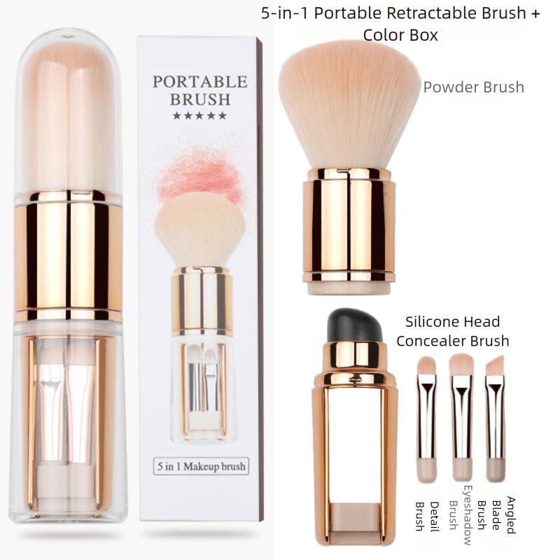 5-in-1 Portable Travel Lip Brush Eyeshadow Foundation Blending Powder Brush Mini Facial Cosmetic Travel Makeup Brushes Set