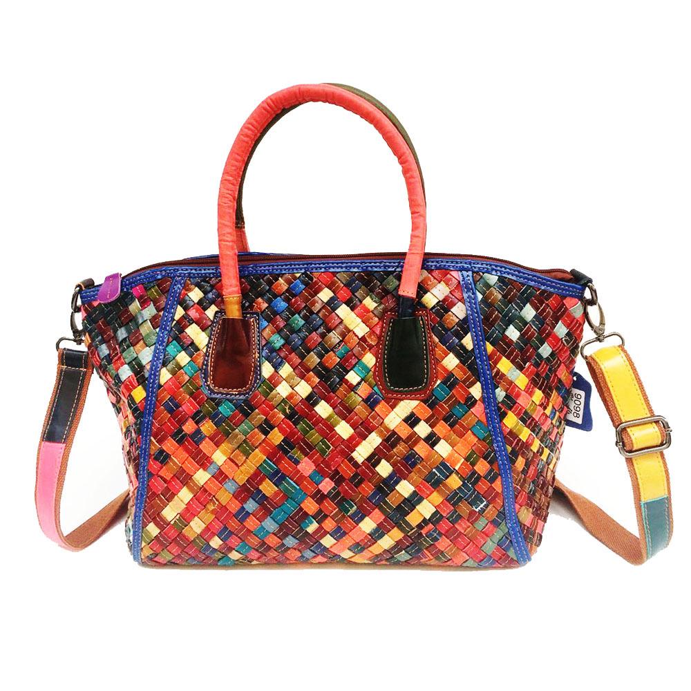 Mode Cuir Sac pour Femmes Style Rétro Tissé à la Main Coloré Sac à Main Sac Messager