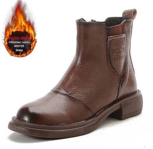New Genuine Leather Low Heel Beef Sole Women's Ankle Boots Fashion Casual Leather Boots Warm Cotton Shoes C875