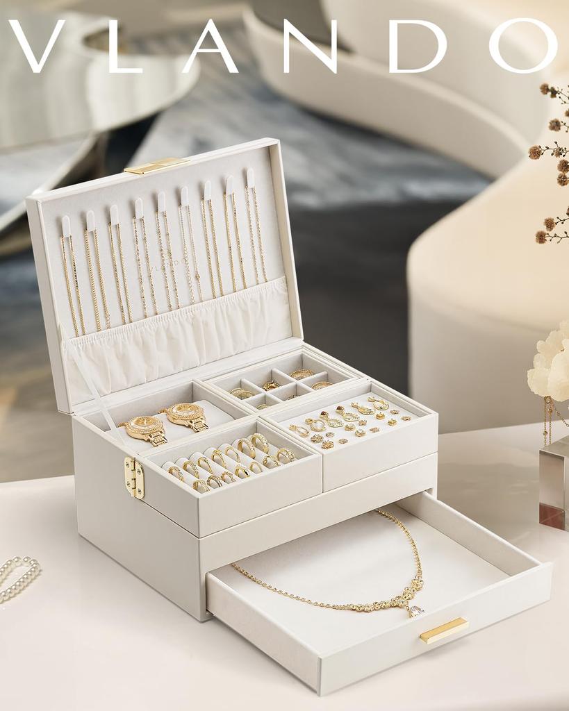 Vlando Jewelry Large with Drawer Tray and Rotating Tray for and Jewelry Accessory Gift for and Women Box, Capacity, Three-Tier, Necklaces, Rings,