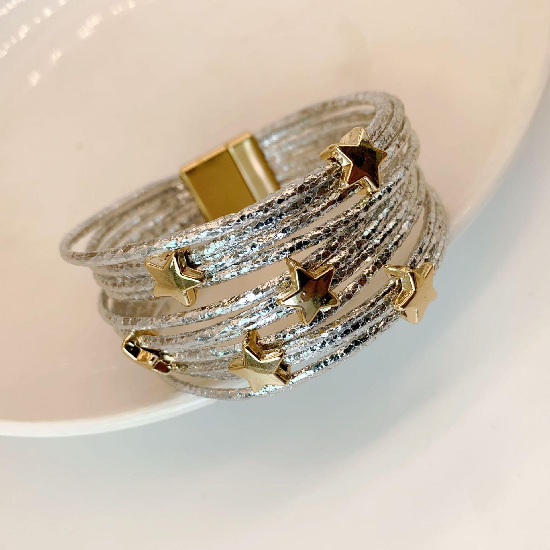 

Продающий браслет звезда из искусственной кожи с пентаграммой, многослойный браслет с магнитной пряжкой, женский модный браслет серебряный