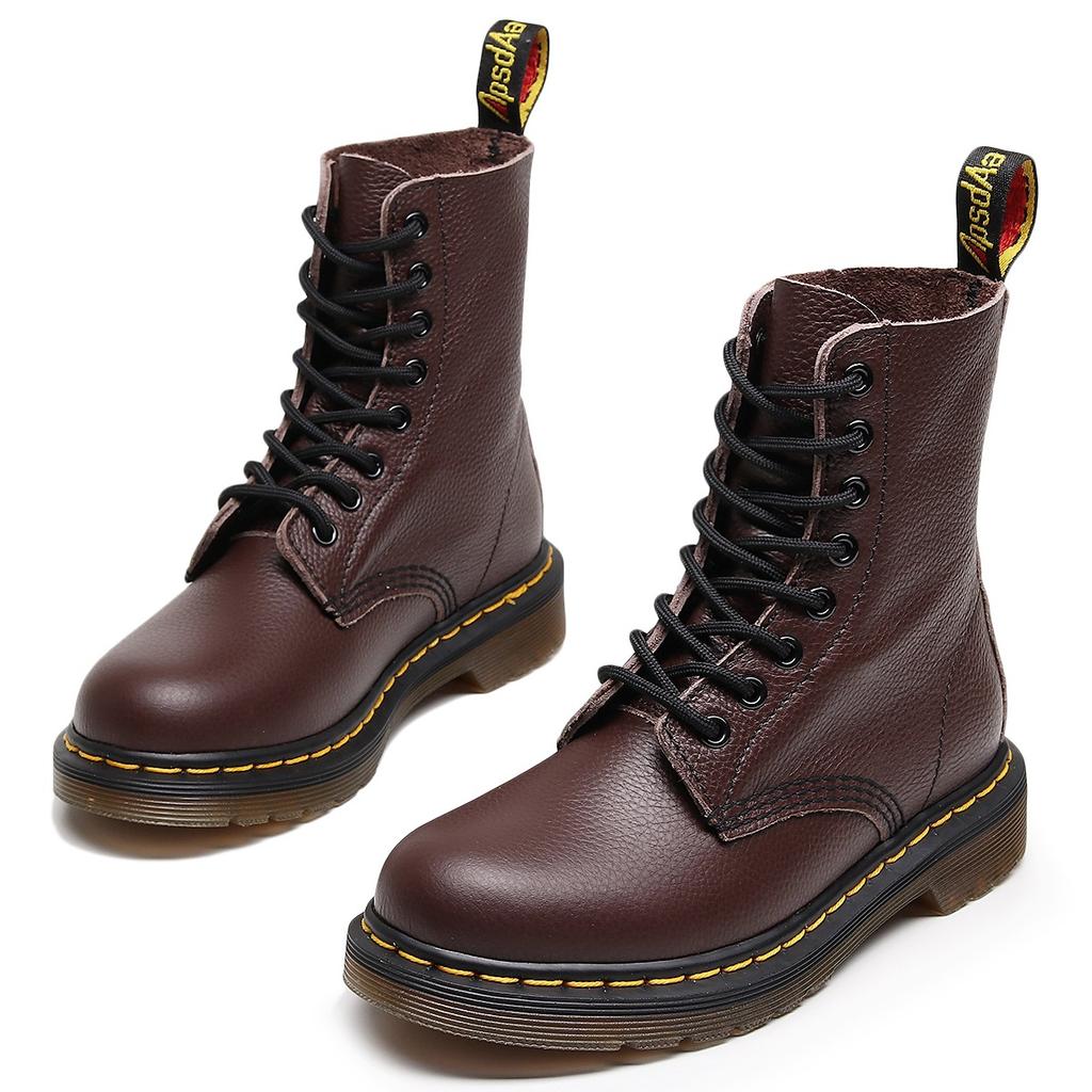 Botas cargo padrão lichia 1460 feminino camada superior couro bovino macio botas de casal couro genuíno britânico botas de motocicleta bico redondo tendência