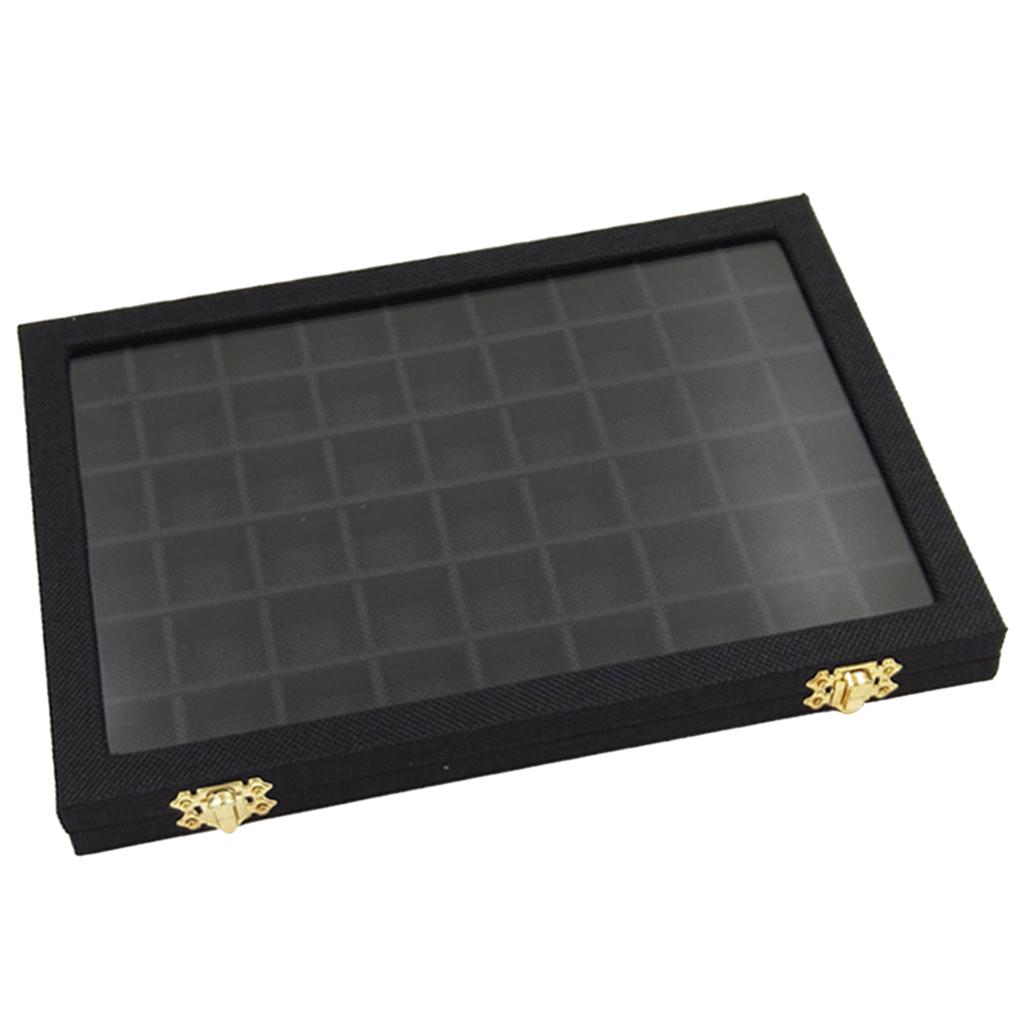 54 Grids Clear Lid Jewelry Tray Showcase Display Storage Linen Case Yellow