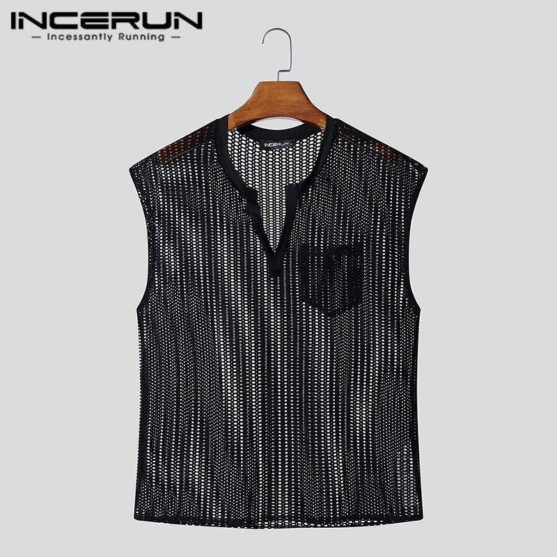 INCERUN Summer Men Short Sleeves See Through Mesh Tops T-shirts