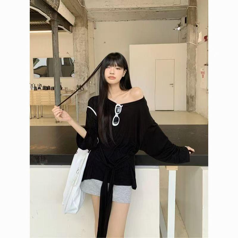 Sexy Thin See-through Long-sleeved Oversized T-shirt Women's Bandage Off The Shoulder Top Women's Basic Long T-shirt