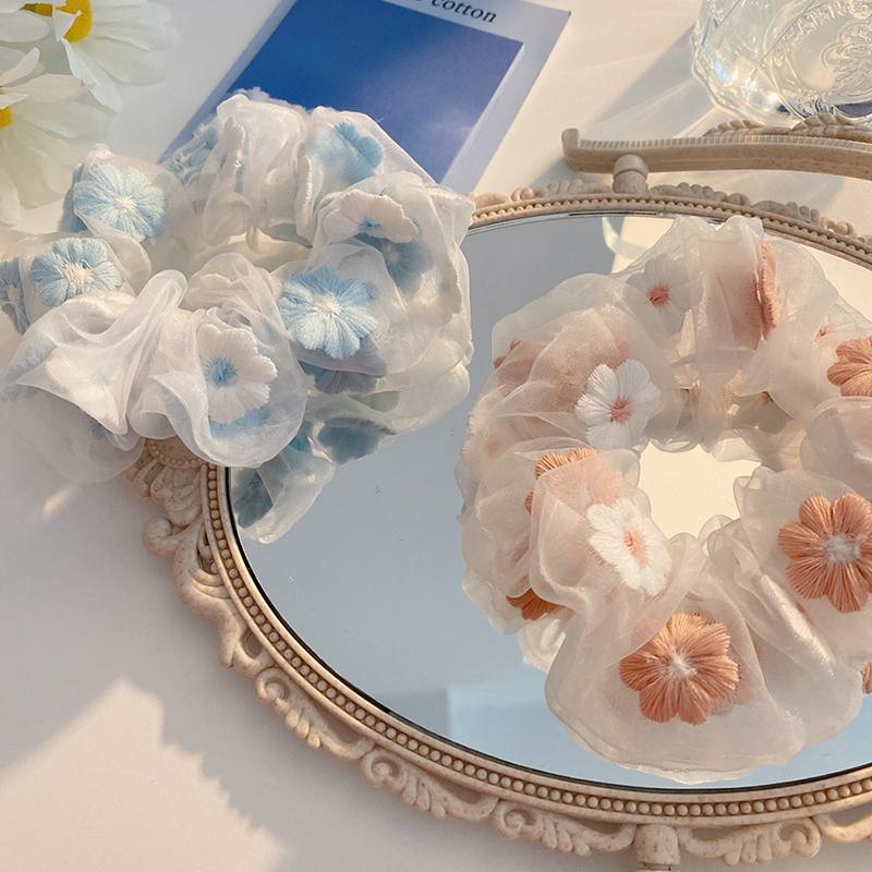 Organza Mesh Embroidery Flowers Scrunchies Women Romantic Pink Blue Hair Rope Transparent Tulle Hair Ties Hair Accessories