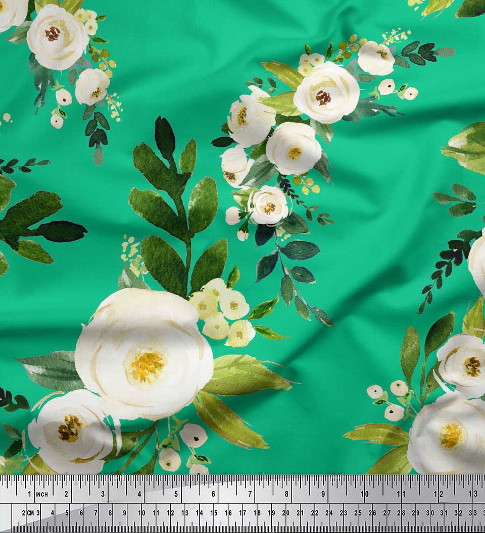 

Принти на тканині з атласної шовкової тканини Soimoi та квітковими квітами аравійського жасмину на метр 42 дюйма 42 Inch Wide - Crepe Silk зелений