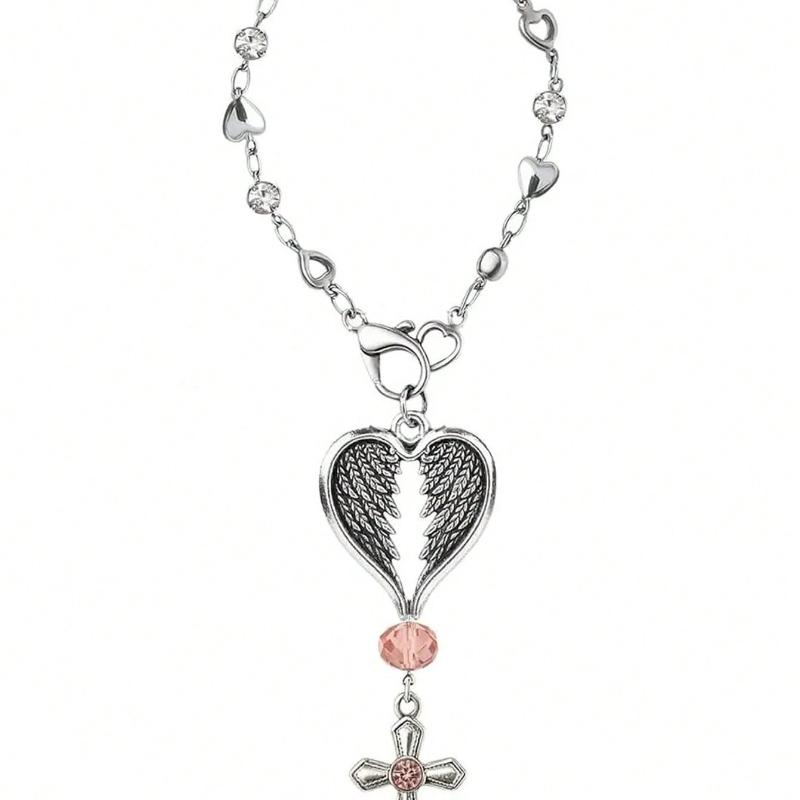 Guardian Heart Wing Cross Charm - Car/Steering Wheel/Handbag Pendant Silver Tone with Pink Crystal Elegant Decor for Auto Interior & Bag Accessory
