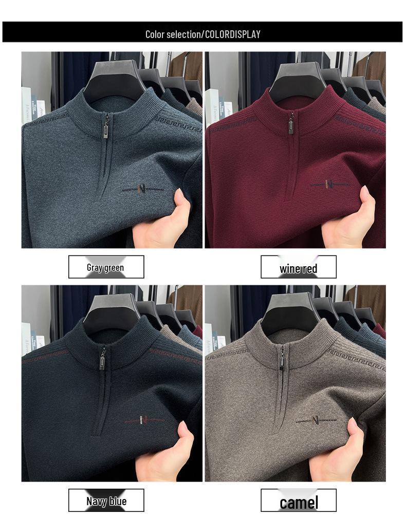 Men's Autumn/Winter Embroidered Knit Sweater: Zipper Stand Collar, Middle-aged Style, Fashionable & Thick, Versatile Warmth