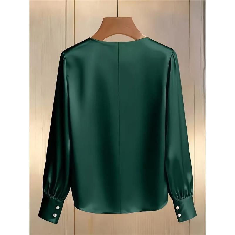 Bluză Satinată cu Mărgele, Decolteu în V, Mânecă Lungă, pentru Femei, Top Elegant Formal